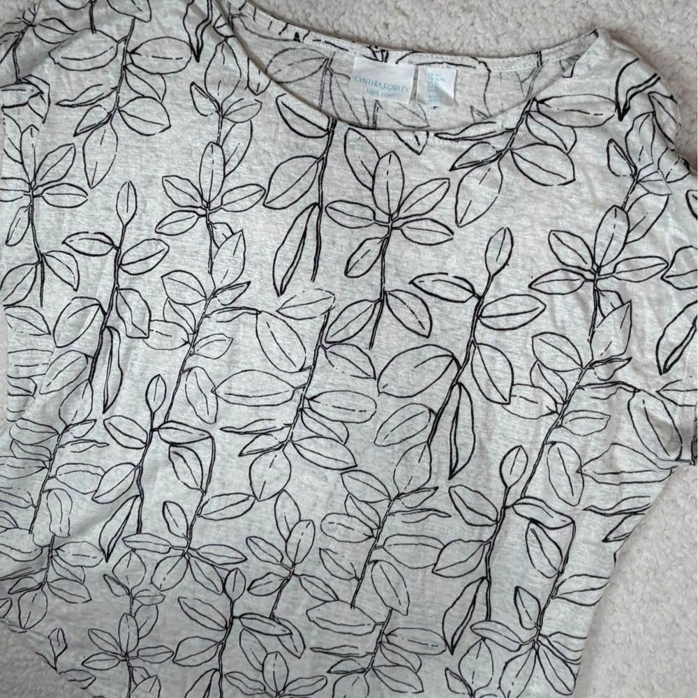 Cynthia Rowley Womens XL Linen White Black Botanical Leaf Print Cap Sleeve Top - Picture 1 of 7